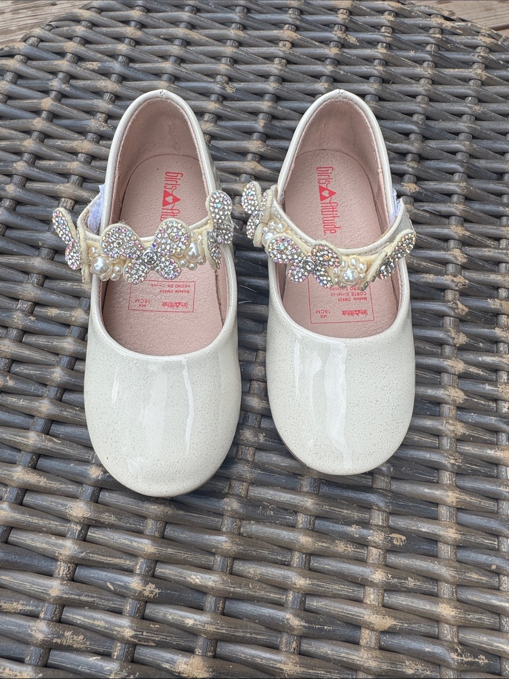 Girls' Cream Patent Mary Jane with Jeweled Butterfly Strap